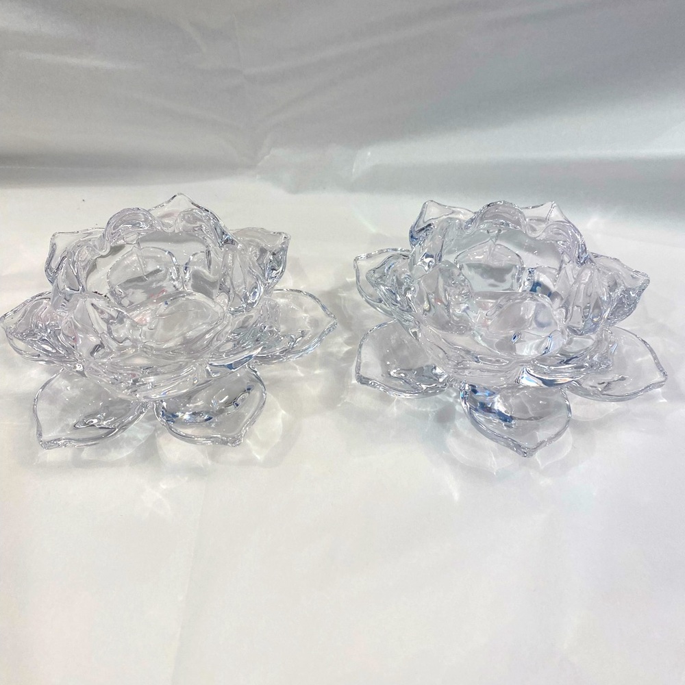 Set of 2 Beautiful Cut Glass Candlestick Holders in the Shape of and Open Flower